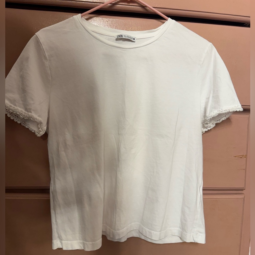 Zara White Short Sleeve Tee with Lace Trim